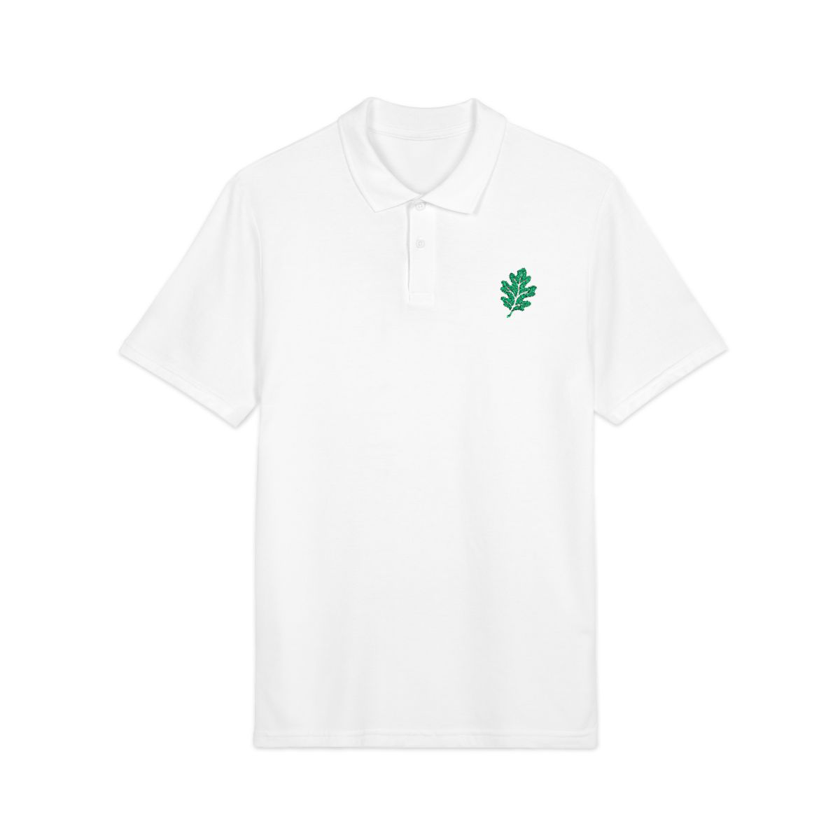 White polo shirt with a small embroidered oak leaf