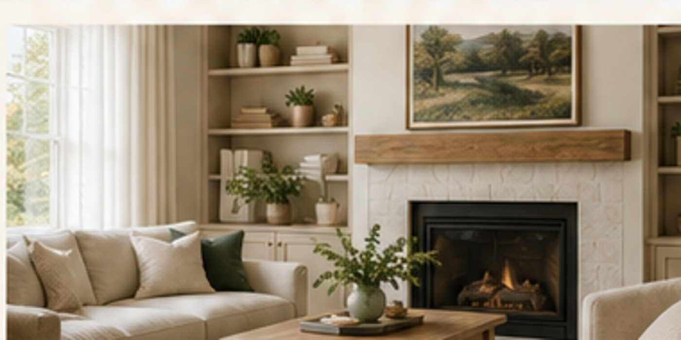 Warm living room with natural light and a stone fireplace