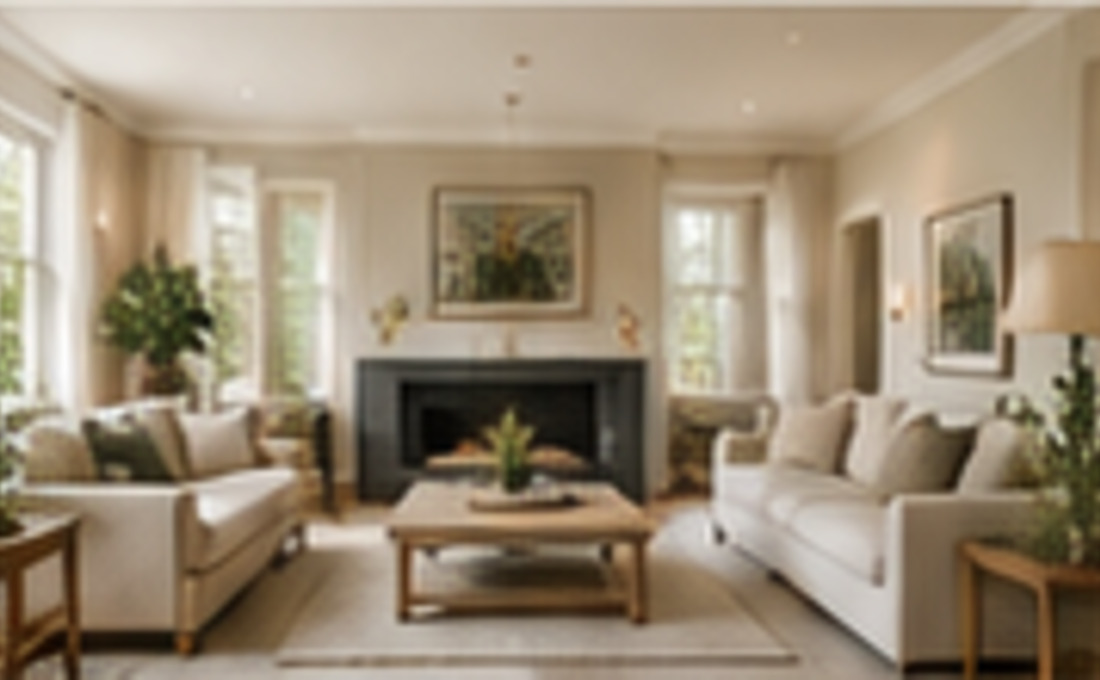 Living room with natural light and an earthy material palette